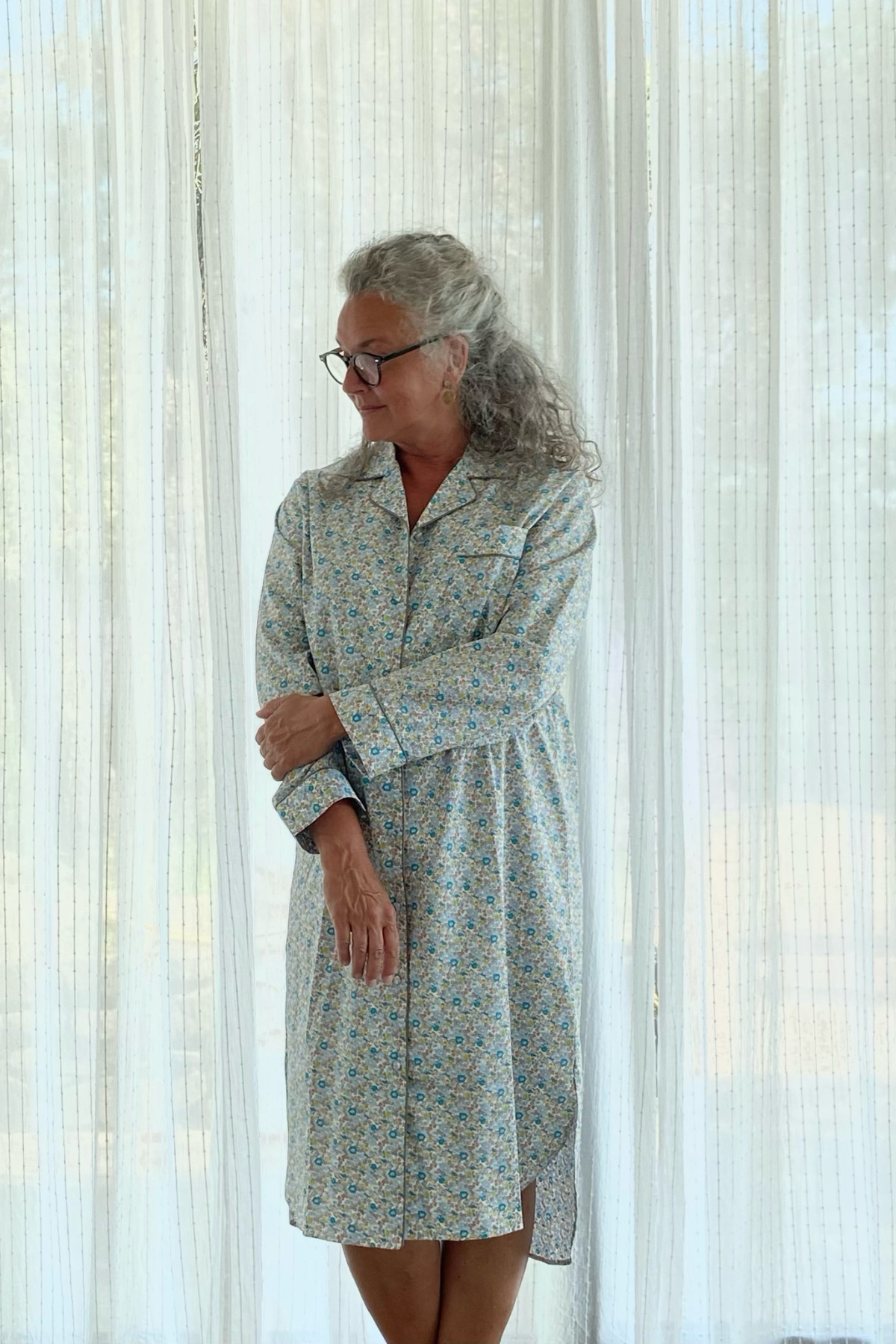 Bomulds natskjorte Blå/Gul blomst