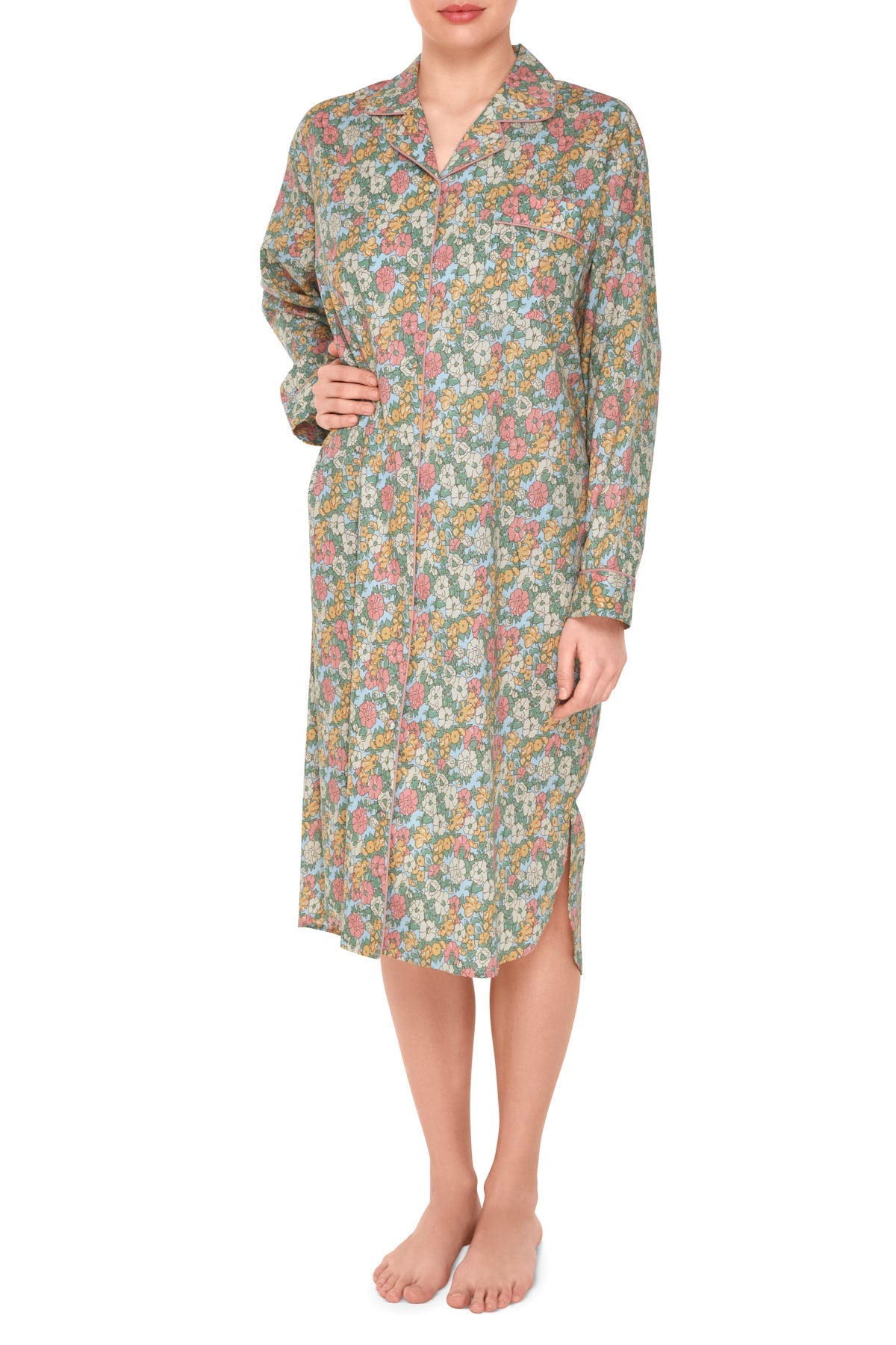 Natskjorte storblomstret lyseblå/koral